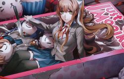 Rule 34 | 1girl, absurdres, animal ears, arm support, black thighhighs, blazer, blue skirt, book, bow, box, breasts, brown hair, brown sweater vest, cardboard box, character doll, character name, commentary, cupcake, doki doki literature club, dress shirt, english text, expressionless, eyelashes, food, from side, fu iwashibou, green eyes, grey jacket, hair between eyes, hair bow, hair over shoulder, hair ribbon, highres, in box, in container, jacket, kitchen knife, knees up, knife, large breasts, long hair, looking at viewer, looking to the side, mini person, minigirl, monika (doki doki literature club), natsuki (doki doki literature club), polka dot, ponytail, red ribbon, ribbon, sayori (doki doki literature club), school uniform, shirt, sidelocks, sitting, skirt, solo, stab, stuffed toy, sweater vest, thighhighs, torn, very long hair, white bow, white ribbon, white shirt, yuri (doki doki literature club), zettai ryouiki, | |