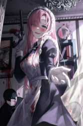 Rule 34 | 1boy, 1girl, absurdres, apron, black dress, blood, blood on clothes, blood on face, blue eyes, blush, bookshelf, corpse, dress, eyes visible through hair, fine art parody, frills, gloves, gongha, gun, highres, holding, holding gun, holding weapon, indoors, juliet sleeves, long hair, long sleeves, looking at viewer, maid, maid apron, maid headdress, mirror, original, painting (object), parody, parted bangs, pink hair, puffy sleeves, reaching, reaching towards viewer, smile, the scream, weapon, white gloves, wrist cuffs, yandere
