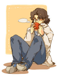 Rule 34 | 1boy, 2hands1cup, blue eyes, blue koko, blue shirt, brown hair, coat, collarbone, cup, drinking, feet together, glasses, hal emmerich, holding, holding cup, knees apart feet together, long sleeves, male focus, metal gear (series), metal gear solid, mug, round eyewear, shirt, shoes, short hair, sitting, sneakers, solo