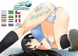 Rule 34 | 1girl, akiyama mio, annotated, argentina, argentinian flag, argentinian flag print, ass, black eyes, black hair, brazil, breasts, chile, colombia, copa america, copa america 2011, costa rica, ecuador, flag, flag print, k-on!, kaiga, kneehighs, long hair, mexican flag, mexico, no pants, panties, paraguay, peru, portuguese text, shirt, shoes, soccer, soccer uniform, socks, solo, spanish text, sportswear, striped clothes, striped panties, striped shirt, thighs, top-down bottom-up, underboob, underwear, uruguay, uwabaki, venezuela, vertical-striped clothes, vertical-striped shirt