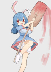 Rule 34 | 1girl, :d, ambiguous red liquid, animal ears, bloomers, blue dress, blue hair, breasts, cleavage, commentary request, dress, earclip, grey background, hekkmushi, highres, kine, large breasts, looking at viewer, low twintails, mallet, medium hair, open mouth, rabbit ears, rabbit girl, red eyes, seiran (touhou), short sleeves, simple background, smile, socks, solo, standing, standing on one leg, touhou, twintails, underwear, white socks