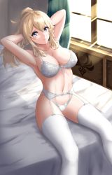 Rule 34 | 1girl, absurdres, adjusting hair, alternate hairstyle, armpits, arms behind head, bare shoulders, bed, bed sheet, bow, bra, breasts, cleavage, collarbone, commentary request, curtains, garter belt, genshin impact, grey eyes, hair bow, hair ribbon, highres, jean (genshin impact), light brown hair, light rays, long hair, looking at viewer, midriff, musanix, navel, panties, ponytail, ribbon, sidelocks, solo, spaghetti strap, sunlight, thighhighs, underwear, white bra, white panties, white thighhighs, window