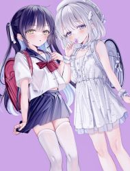 Rule 34 | 2girls, absurdres, ahoge, backpack, bag, bag charm, blue hair, blush, bow, bowtie, candy, charm (object), closed mouth, collarbone, colored inner hair, dress, food, frilled dress, frills, grey hair, hair ornament, hair ribbon, hairclip, hand up, highres, holding, holding candy, holding food, holding lollipop, lollipop, long hair, looking at viewer, multicolored hair, multiple girls, necktie, open mouth, original, parted lips, partially unbuttoned, pleated skirt, purple background, purple eyes, purple hair, purple sailor collar, purple skirt, randoseru, red bow, ribbon, sailor collar, school uniform, see-through, serafuku, shirt, short sleeves, sidelocks, simple background, skindentation, skirt, skirt hold, sleeveless, sleeveless dress, smile, standing, thighhighs, thighs, twintails, two side up, white dress, white headwear, white necktie, white ribbon, white shirt, white thighhighs, wrist cuffs, yellow eyes, yunmi 0527, zettai ryouiki