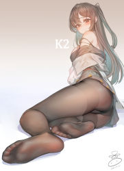 Rule 34 | 1girl, absurdres, ass, bad id, bad pixiv id, bare shoulders, black panties, black pantyhose, blush, breasts, brown eyes, brown hair, character name, closed mouth, commentary, dated, feet, foot focus, foreshortening, girls&#039; frontline, gradient background, hair ornament, hair ribbon, hairclip, highres, k2 (girls&#039; frontline), legs, long hair, long sleeves, looking at viewer, medium breasts, no shoes, off shoulder, one side up, panties, panties under pantyhose, pantyhose, pantyshot, ribbon, signature, simple background, sitting, smile, soles, solo, suerte, thighband pantyhose, toes, underwear, yokozuwari