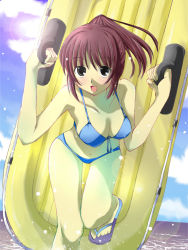 Rule 34 | 1girl, beach, bikini, blue bikini, boat, breasts, brown eyes, brown hair, cloud, day, front-tie top, gakky, hanging breasts, inflatable raft, kimi kiss, large breasts, lens flare, navel, ocean, open mouth, sakino asuka, sandals, sky, solo, swimsuit, thigh gap, watercraft