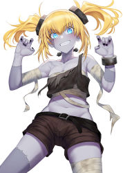 Rule 34 | 1girl, :d, absurdres, bandaged arm, bandaged leg, bandages, black nails, blonde hair, blue eyes, bolt (hardware), breasts, brown shorts, cleavage, colored skin, crop top, cuffs, grey skin, grin, halloween, highres, kengzeta, looking at viewer, nail polish, navel, open mouth, original, parted lips, sarashi, shackles, short hair, short shorts, short twintails, shorts, simple background, small breasts, smile, solo, stitched arm, stitched neck, stitches, twintails, v-shaped eyebrows, white background