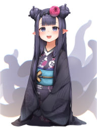 Rule 34 | 1girl, :d, absurdres, black gloves, black hair, black kimono, blunt bangs, blush, braid, commentary request, gloves, hair ornament, highres, hololive, hololive english, japanese clothes, kimono, kneeling, long hair, long sleeves, looking at viewer, mole, mole under eye, ninomae ina&#039;nis, ninomae ina&#039;nis (new year), obi, open mouth, own hands together, pepushi drow, print kimono, purple eyes, sash, smile, solo, teeth, tiara, upper teeth only, very long hair, virtual youtuber, white background, wide sleeves