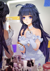 Rule 34 | 1girl, ahoge, alternate costume, applying makeup, bare shoulders, braid, breasts, commentary request, cosmetics, dress, earrings, eye reflection, gloves, han-0v0, highres, honkai (series), honkai impact 3rd, incoming call, jewelry, kiana kaslana, lipstick tube, long hair, makeup, medium breasts, mirror, parted lips, purple eyes, purple hair, raiden mei, raiden mei (valkyrie bladestrike), reflection, side braid, solo, strapless, strapless dress, wedding dress, white dress, white gloves