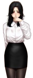 Rule 34 | 1girl, black hair, black skirt, blush, bra visible through clothes, brown pantyhose, closed mouth, collared shirt, grey eyes, hand up, highres, hoshi san 3, long sleeves, looking at viewer, messy hair, mole, mole under eye, mole under mouth, office lady, original, pantyhose, pencil skirt, shirt, simple background, skirt, solo, standing, wet, wet clothes, wet shirt, white background, white shirt, wing collar