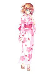 Rule 34 | 1girl, aqua eyes, breasts, brown hair, feet, floral print, full body, golden marriage, hair ornament, hayakawa harui, highres, japanese clothes, kimono, looking at viewer, medium breasts, obi, official art, sandals, sash, short hair, smile, solo, standing, tange kasumi, toes, transparent background, wide sleeves
