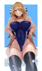 Rule 34 | 1girl, bare shoulders, black eyes, black thighhighs, blonde hair, blue one-piece swimsuit, blush, breasts, cameltoe, competition swimsuit, covered navel, creatures (company), cynthia (pokemon), eyeliner, frontal wedgie, game freak, hair ornament, hair over one eye, highres, looking at viewer, makeup, nintendo, one-piece swimsuit, pokemon, pokemon dppt, smile, solo, swimsuit, swimsuit tug, thighhighs, volyz, water drop, wedgie