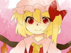 Rule 34 | 1girl, ascot, bad id, bad pixiv id, blonde hair, bow, comic, embodiment of scarlet devil, female focus, flandre scarlet, gradient background, hammer (sunset beach), hat, red eyes, short hair, side ponytail, silent comic, smile, solo, touhou, wings
