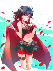 Rule 34 | 1girl, absurdres, adapted costume, bandolier, bare shoulders, belt, black hair, black skirt, breasts, bullet, cape, cartridge, collarbone, commentary request, corset, gradient hair, highres, iesupa, looking at viewer, midriff, multicolored hair, navel, petals, red cape, red hair, rose petals, ruby rose, rwby, short hair, shorts, shorts under skirt, grey eyes, skirt, small breasts, smile, solo, standing, two-tone hair, wrist wrap