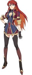 Rule 34 | 10s, 1girl, arm at side, black gloves, black thighhighs, blue eyes, braid, breasts, cleavage, cleavage cutout, closed mouth, clothing cutout, dress, female focus, full body, gloves, hand on own hip, highres, jacket, long hair, looking at viewer, multicolored hair, orange hair, re:creators, red hair, selesia upitiria, simple background, solo, standing, thighhighs, twin braids, two-tone hair, white background
