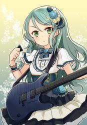 Rule 34 | 1girl, aqua hair, bang dream!, barashiya, bow, commentary, dress, electric guitar, floral background, flower, frilled cuffs, green bow, green eyes, guitar, hair flower, hair ornament, highres, hikawa sayo, holding, holding instrument, instrument, layered dress, long hair, looking at viewer, outline, parted lips, plectrum, short dress, short sleeves, solo, standing, white dress, white outline, wrist cuffs