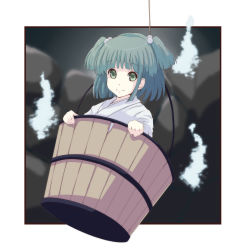 Rule 34 | 1girl, bad id, bad pixiv id, bucket, female focus, green eyes, green hair, hair bobbles, hair ornament, highres, in bucket, in container, japanese clothes, kisume, matching hair/eyes, short hair, solo, touhou, tsuttsu, twintails
