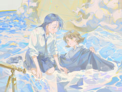 Rule 34 | 2girls, black footwear, black necktie, black skirt, blue eyes, blue hair, brown hair, cloud, collared shirt, commentary request, ellie niunai zhuyi zhe, grey sweater vest, highres, loafers, long hair, multiple girls, necktie, original, parted lips, partially submerged, pleated skirt, school uniform, shirt, shoes, short hair, skirt, sleeves rolled up, sweater vest, telescope, water, waves, wet, wet hair, white shirt, yellow eyes