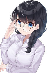 Rule 34 | 1girl, adjusting eyewear, black hair, blue eyes, braid, breasts, buttons, closed mouth, collared shirt, dress shirt, glasses, hair over shoulder, hand up, highres, long hair, long sleeves, looking at viewer, looking over eyewear, minin982, original, round eyewear, shirt, simple background, single braid, small breasts, solo, upper body, white background, white shirt