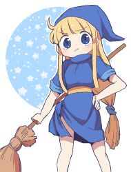 Rule 34 | 1girl, :t, blonde hair, blue eyes, blue hat, broom, dokan (dkn), hand on own hip, hat, holding, holding broom, jaggy lines, long hair, low-tied long hair, madou monogatari, outline, pout, puyopuyo, short sleeves, sidelocks, solo, standing, tied dress, white background, white outline, witch, witch (puyopuyo)