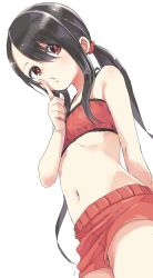 Rule 34 | 1girl, absurdres, arm behind back, bare arms, bikini, black hair, cowboy shot, finger to mouth, hair between eyes, highres, long hair, looking at viewer, navel, original, red bikini, red eyes, sidelocks, simple background, solo, stomach, swimsuit, twintails, underwear, white background, yamamoto souichirou