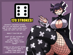 1girl absurdres breasts cleavage cleavage_cutout clothing_cutout crossed_legs dice english_text fishnets handjob_gesture highres jerk_off_instructions large_breasts looking_at_viewer mosbles motion_lines pov smile thick_thighs thighhighs thighs