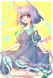Rule 34 | 1girl, :d, animal ears, commentary request, dress, flat chest, grey dress, grey hair, high heels, jewelry, looking at viewer, mokokiyo (asaddr), mouse ears, mouse tail, nazrin, open mouth, pendant, red eyes, skirt hold, smile, solo, tail, touhou, yellow background