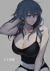 1girl alternate_costume black_camisole black_panties blue_eyes blue_hair breasts byleth_(female)_(fire_emblem) byleth_(fire_emblem) camisole cleavage closed_mouth commentary cowboy_shot expressionless fire_emblem fire_emblem:_three_houses grey_background hair_between_eyes hand_in_own_hair l0gman large_breasts long_hair looking_to_the_side midriff navel nintendo panties shade simple_background sleeveless solo spaghetti_strap taut_clothes twitter_username underwear