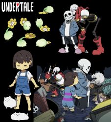 Rule 34 | 1other, 2boys, = =, alternate costume, androgynous, annoying dog, barefoot, black background, black shorts, blue overalls, bone, box, brothers, brown hair, can, cape, cardboard box, cel shading, child, closed eyes, commentary request, copyright name, crack, drawstring, flower, flowey (undertale), full body, gloves, grin, hand on own knee, hands in pockets, highres, holding, holding bone, holding skull, hood, hood down, hooded jacket, jacket, junkyard, kamezaemon, leaning forward, monitor, multiple boys, multiple views, open clothes, open jacket, open mouth, overalls, papyrus (undertale), pink footwear, red cape, red footwear, red gloves, romper, sans, shirt, short hair, short sleeves, shorts, siblings, sideways glance, simple background, skeleton, skull, slippers, smile, socks, sparkle, squatting, standing, stuffed animal, stuffed rabbit, stuffed toy, sweat, tire, trash, trash bag, trash can, undertale, wading, wheel, white shirt, white socks, yellow flower