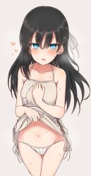 Rule 34 | 1girl, @ @, bare arms, bare shoulders, black hair, blue eyes, blush, breasts, brown background, brown dress, clothes lift, collarbone, commentary request, dress, dress lift, groin, hair between eyes, hair ribbon, heart, highres, layla (mino), lifted by self, long hair, looking at viewer, navel, nonono (mino), original, panties, parted lips, ribbon, side-tie panties, simple background, sleeveless, sleeveless dress, small breasts, solo, sweat, underwear, white panties, white ribbon