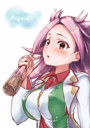 Rule 34 | 10s, 1girl, :o, absurdres, alcohol, artist name, blouse, blush, bottle, breasts, dress shirt, highres, japanese clothes, jun&#039;you (kancolle), kantai collection, long hair, magatama, mogera81, open mouth, purple eyes, purple hair, shirt, simple background, solo, spiked hair, upper body, white background