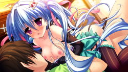 Rule 34 | 1girl, blue hair, blush, breasts, clothed sex, collarbone, elbow gloves, game cg, gloves, grabbing, grabbing another&#039;s breast, hair ornament, long hair, luluna, magical marriage lunatics!!, moonstone, nipples, open mouth, purple eyes, ribbon, sex, thighhighs, twintails, underwear, vaginal, yamakaze ran