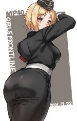 Rule 34 | 1girl, armband, ass, black hat, black jacket, black skirt, blonde hair, character name, copyright name, dated, from behind, garrison cap, girls&#039; frontline, hat, highres, jacket, looking at viewer, military, military hat, military jacket, military uniform, mp40 (girls&#039; frontline), pencil skirt, red armband, short hair, skirt, smile, solo, toryu fufu, uniform, wehrmacht, yellow eyes