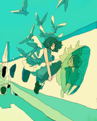 Rule 34 | 1boy, 1girl, aircraft, airplane, bakui02, blush, boots, closed mouth, commentary, day, dress, english commentary, eye contact, floating, floating hair, flock, green theme, high heel boots, high heels, hugging own legs, knees up, looking at another, looking outside, medium hair, midair, open mouth, original, outdoors, shirt, short dress, short hair, short sleeves, sleeveless, sleeveless dress, smile, thighhighs, window