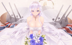 Rule 34 | 1girl, azur lane, belfast (azur lane), belfast (the pledge of claddagh) (azur lane), blue eyes, blurry, blurry background, blush, bouquet, braid, breasts, bridal veil, bride, cait aron, cannon, cleavage, collar, collarbone, commentary, dress, earrings, flower, french braid, gloves, gold, gold trim, highres, holding, holding bouquet, jewelry, large breasts, long hair, looking at viewer, machinery, maid headdress, rigging, sidelocks, silver collar, silver hair, sitting, smile, solo, strapless, strapless dress, tiara, union jack, veil, wedding dress, white dress