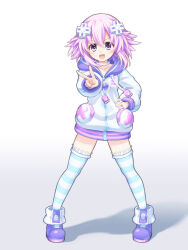 Rule 34 | 1girl, absurdres, choker, d-pad, d-pad hair ornament, full body, hair ornament, highres, jacket, legs apart, long sleeves, looking at viewer, matching hair/eyes, neptune (neptunia), neptune (series), parka, purple eyes, purple hair, shionic zm, short hair, smile, solo, striped clothes, striped legwear, striped thighhighs, thighhighs, v, white background, white choker, white jacket