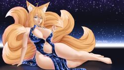Rule 34 | 1girl, absurdres, animal ear fluff, animal ears, bare shoulders, barefoot, blue dress, blue eyes, breasts, crystal dress, dress, fluffy, fox ears, fox girl, fox tail, full body, green eyes, hair between eyes, heterochromia, highres, large breasts, long hair, multicolored eyes, multiple tails, orange hair, original, simple background, sparkle, sparkle background, tail, takie arts, thick thighs, thighs