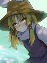 Rule 34 | 1girl, blonde hair, blush, brown headwear, closed mouth, commentary request, diamond-shaped pupils, diamond (shape), highres, leaning forward, long hair, looking at viewer, moriya suwako, purple skirt, purple vest, skirt, smile, solo, suzumin, symbol-shaped pupils, touhou, turtleneck, upper body, vest, yellow eyes
