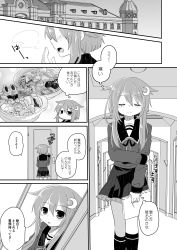 Rule 34 | 10s, 1girl, comic, crescent, crescent hair ornament, door, closed eyes, food, frown, greyscale, hair between eyes, hair flaps, hair ornament, hallway, indoors, kantai collection, knocking, monochrome, nagasioo, short hair with long locks, text focus, thought bubble, translation request, yayoi (kancolle)