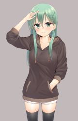 Rule 34 | 10s, 1girl, alternate costume, black thighhighs, blush, collarbone, commentary request, cowboy shot, green eyes, green hair, grey background, hair ornament, hairclip, hand in pocket, hood, hoodie, kantai collection, long hair, matching hair/eyes, mikazuchi zeus, shorts, smile, solo, suzuya (kancolle), thighhighs