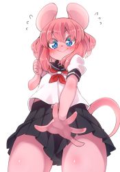 Rule 34 | 1girl, animal ears, black skirt, blush, clenched hand, commentary, covering privates, covering crotch, embarrassed, flying sweatdrops, furry, furry female, highres, mouse ears, mouse tail, nervous smile, original, outstretched arm, outstretched hand, pink hair, school uniform, serafuku, shirt, short hair, simple background, skirt, smile, solo, tail, thighs, white background, white shirt, yuuki (yuyuki000)