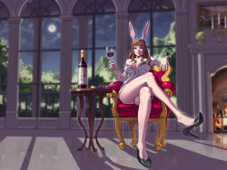 Rule 34 | 1girl, alcohol, armchair, blue eyes, bottle, brown hair, chair, cup, dress shirt, drinking glass, feet, crossed legs, long hair, looking at viewer, rabbit ears, shirt, shoe dangle, sitting, unbuttoned, unbuttoned shirt, wine, wine bottle, wine glass
