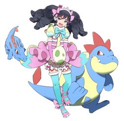 Rule 34 | 1girl, :d, black eyes, black hair, blue bow, blue ribbon, blue thighhighs, bow, commentary request, creatures (company), croconaw, detached sleeves, dress, drill hair, egg, elbow gloves, fang, game freak, gaaruru (pripara), gen 2 pokemon, gloves, green eyes, headband, nintendo, open mouth, orihika, pink bow, pink dress, pink gloves, pokemon, pokemon (creature), pokemon egg, pretty series, pripara, puffy shorts, puffy sleeves, red eyes, ribbon, shoes, shorts, simple background, smile, standing, thighhighs, totodile, white background