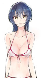 Rule 34 | 10s, 1girl, absurdres, bare shoulders, bikini, blue hair, breasts, brown eyes, highres, krswrb, long hair, looking at viewer, love live!, love live! school idol project, medium breasts, navel, parted lips, simple background, smile, solo, sonoda umi, standing, swimsuit, white background