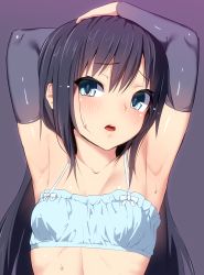 Rule 34 | 10s, 1girl, arm warmers, armpits, arms up, asashio (kancolle), ayagi daifuku, bare shoulders, black hair, blue bra, blue eyes, blush, bow, bow bra, bra, breasts, cinderella bust, collarbone, frills, kantai collection, long hair, looking at viewer, open mouth, small breasts, solo, sweat, underwear, underwear only