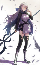 Rule 34 | 1girl, black feathers, black footwear, black shorts, black thighhighs, blue ribbon, blue scarf, blush, boots, breasts, feathers, frown, fujino shiroha, grey hair, hair ornament, hair ribbon, hairclip, highres, holding, holding polearm, holding weapon, long hair, looking at viewer, medium breasts, nue no onmyouji, okina (805197), orange eyes, polearm, ribbon, scarf, shorts, solo, thighhighs, very long hair, weapon, white background