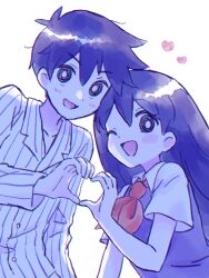 Rule 34 | 1boy, 1girl, alternate eye color, black eyes, blush, collared shirt, colored skin, heart, heart hands, heart hands duo, hero (headspace) (omori), hero (omori), highres, long hair, long sleeves, looking at viewer, mari (headspace) (omori), mari (omori), mihimihi31, neckerchief, omori, one eye closed, open mouth, pajamas, purple hair, red neckerchief, shirt, short hair, short sleeves, simple background, smile, striped clothes, striped pajamas, vertical-striped pajamas, white background, white shirt, white skin