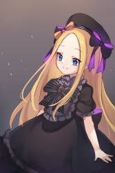 Rule 34 | 1girl, abigail williams (fate), beret, black bow, black dress, black headwear, blonde hair, blue eyes, blush, bow, breasts, closed mouth, cosplay, dress, fate/extra, fate/grand order, fate (series), forehead, hair bow, hat, highres, long hair, looking at viewer, miya (miyaruta), multiple bows, nursery rhyme (fate), nursery rhyme (fate) (cosplay), orange bow, parted bangs, puffy short sleeves, puffy sleeves, short sleeves, sidelocks, small breasts, smile