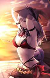 Rule 34 | 1girl, arm strap, arms up, ascot, bad id, bad pixiv id, ball, beach, beachball, belly chain, bikini, breasts, carmilla (fate), cleavage, curly hair, fate/grand order, fate (series), fingernails, hairband, highres, jewelry, large breasts, layered bikini, lips, long fingernails, long hair, looking at viewer, navel, one eye closed, outdoors, ponytail, silver hair, solo, spiked hairband, spikes, carmilla (summertime mistress) (fate), sunset, yellow eyes, yurinotubomi