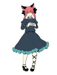 Rule 34 | 1girl, :d, ^ ^, animal ears, blush, braid, camera, cat ears, cat tail, closed eyes, dress, frilled dress, frilled sleeves, frills, isaki (gomi), kaenbyou rin, leg ribbon, long sleeves, multiple tails, open mouth, pigeon-toed, red hair, ribbon, simple background, smile, tail, touhou, twin braids, white background