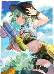 Rule 34 | 1girl, ;d, black headwear, black thighhighs, blue sky, cloud, commentary request, crop top, gradient sky, green eyes, green hair, green shirt, green skirt, highres, holding, holding water gun, looking at viewer, medium hair, one eye closed, open mouth, outdoors, ponta (wwtaimeww), rainbow, shirt, skirt, sky, smile, solo, thighhighs, touhou, water, water gun, yamashiro takane